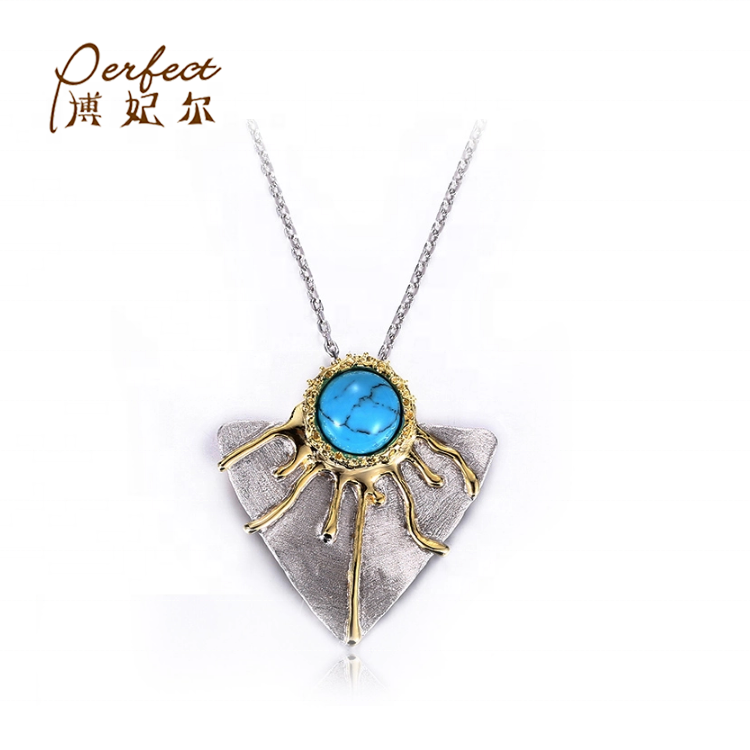 Synthesis Turquoise 925 Sterling Silver Chain Necklace for Women with White Gold Plated