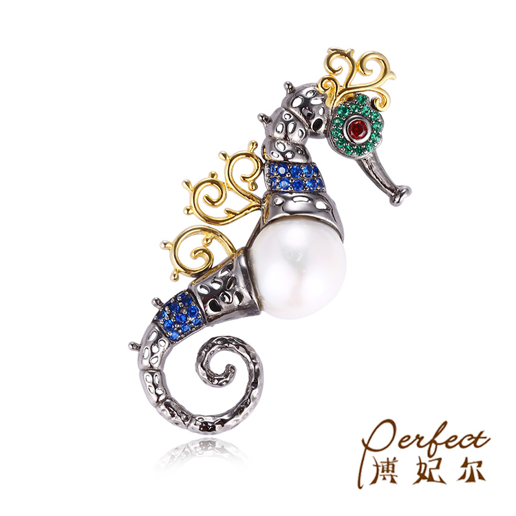Custom Sea Horse Baroque Pearl 925 Sterling Silver Brooch High Quality