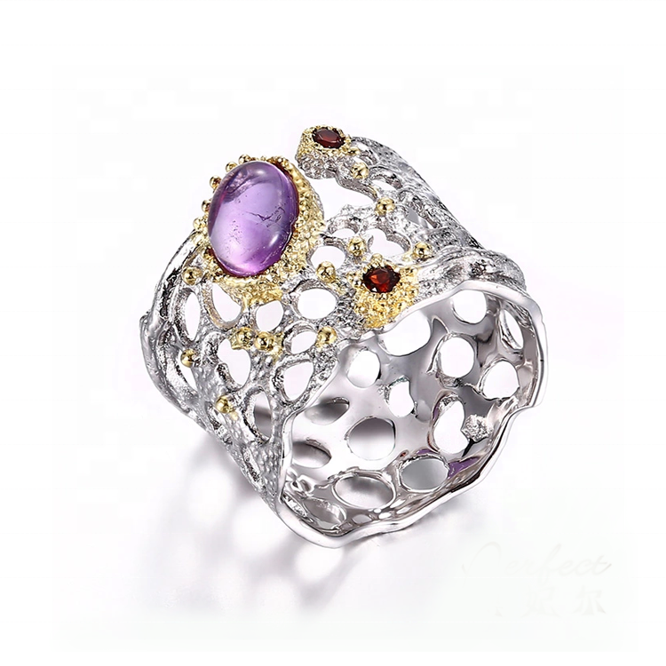 Fashion Hollow Design 925 Sterling Silver Rings with Amethyst Garnet Stone