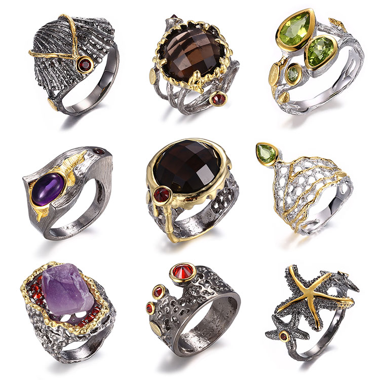 Jewelry supplier custom design shape crystal stone gemstone gold plated opening luxury gift 925 sterling silver ring jewelry