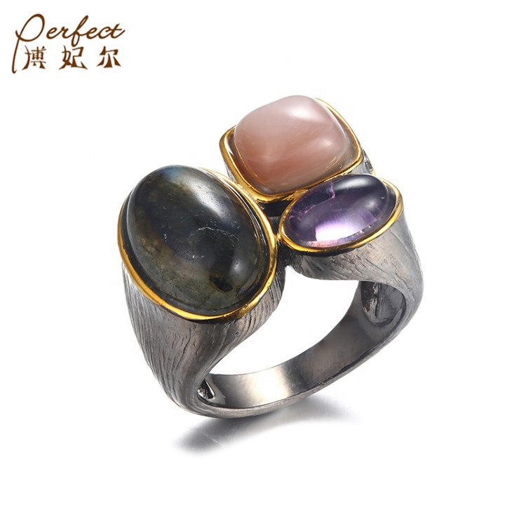 New Design Natural Amethyst 925 Silver Gold Plated Unisex Ring Jewelry