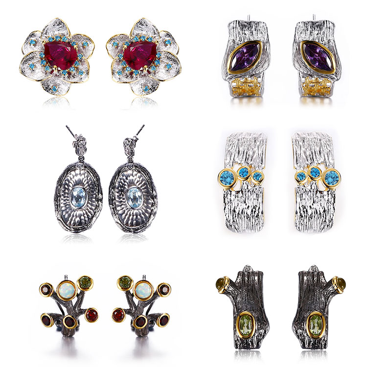 Flower Design Thailand Handmade 925 Sterling Silver Stud Earrings with White Zircon