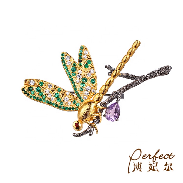 Fashion Dragonfly Design 925 Sterling Silver Brooch Pin Jewelry with Spinel Amethyst Stone