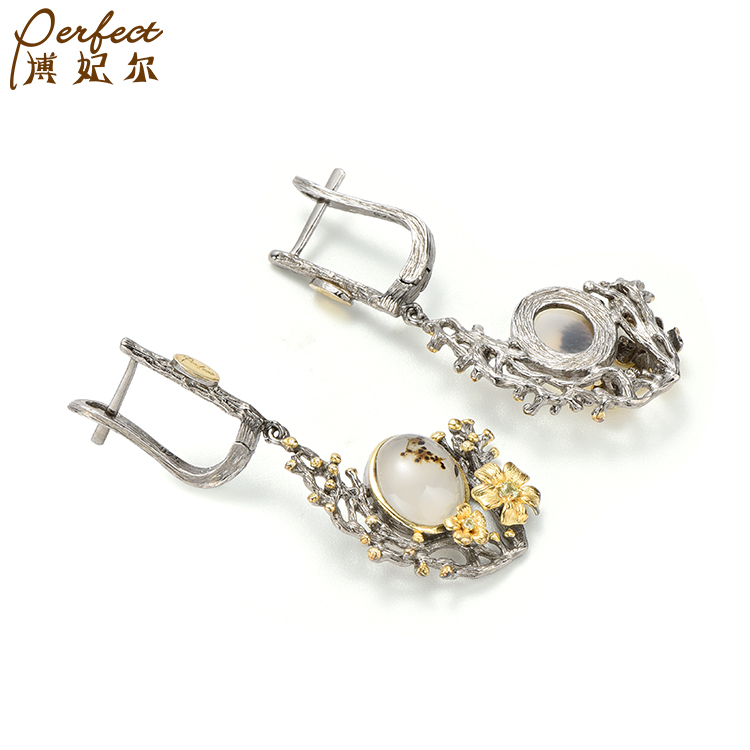 Handmade Fashion New vintage jewelry custom sterling silver Marine chalcedony 18k gold plated earrings