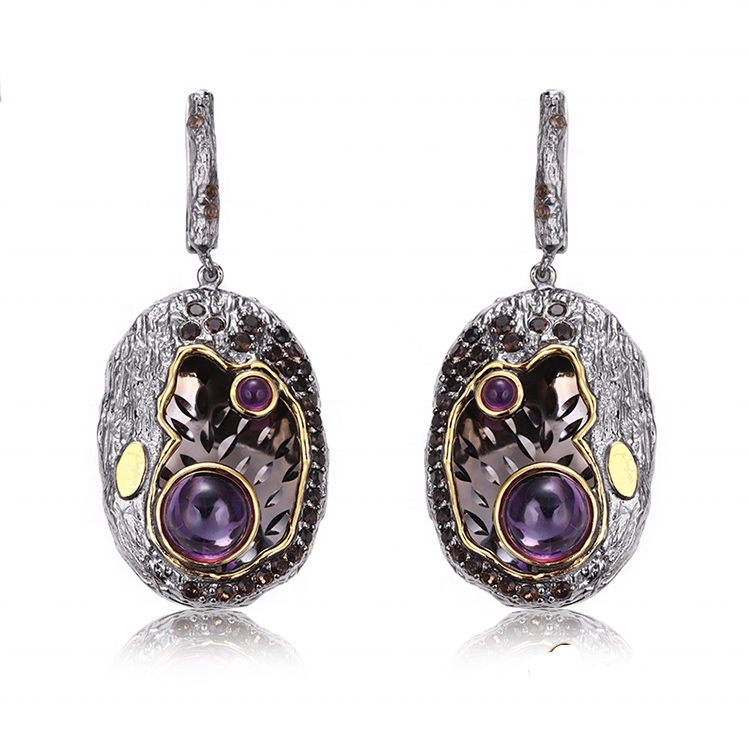 Citrine Stone 925 Sterling Silver Black Gold Plated Dangling Earrings
