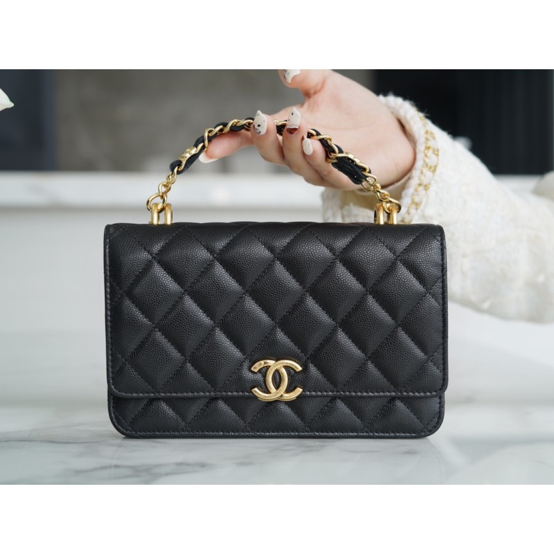 𝗖𝗛𝗔𝗡𝗘𝗟✦ Italian lychee grain calfskin 𝟮𝟐𝑲 New Chain 𝐰𝐨𝐜 Black Gold