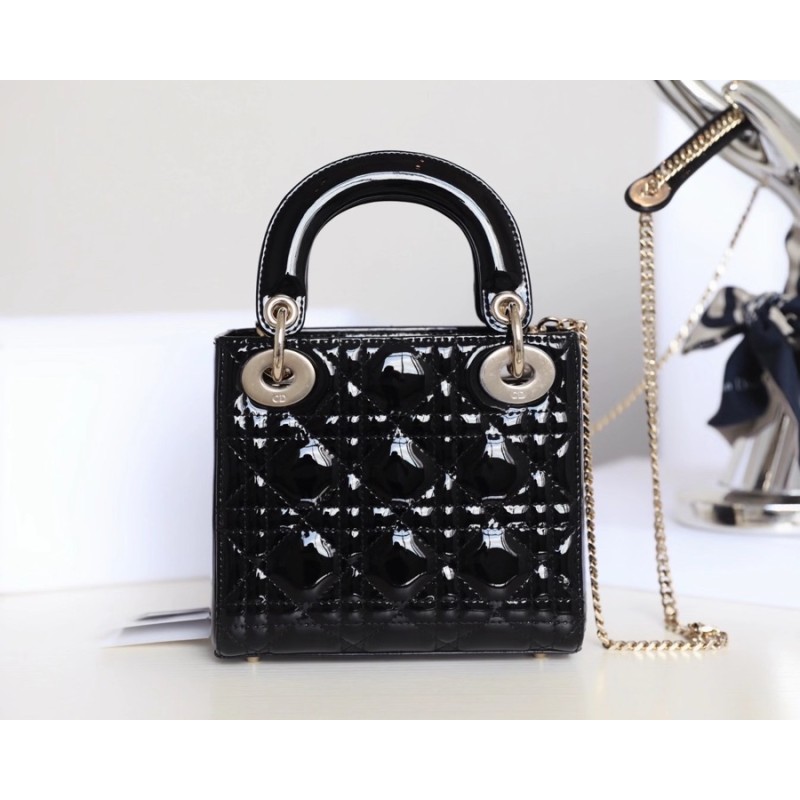 Black Gold Lady Dior vine check patent leather cow leather mini handbag