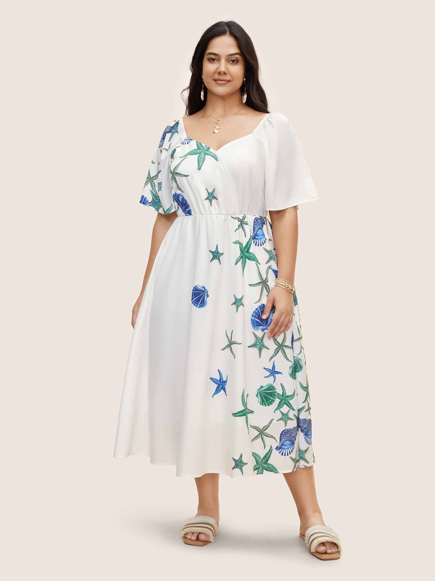 Heart Neckline Marine Elements Gathered Dress