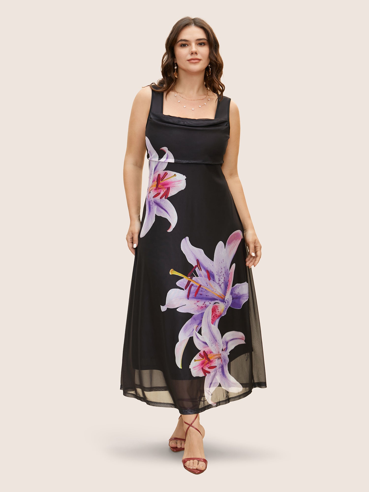 Lily Print Square Neck See Through Maxi Dress