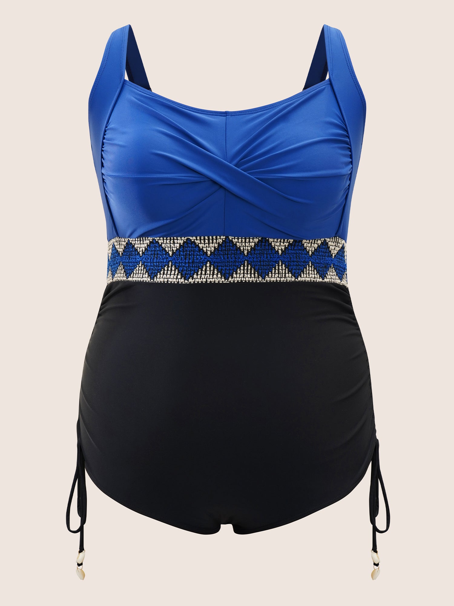 Twist Front Patchwork Drawstring One Piece Swimsuit