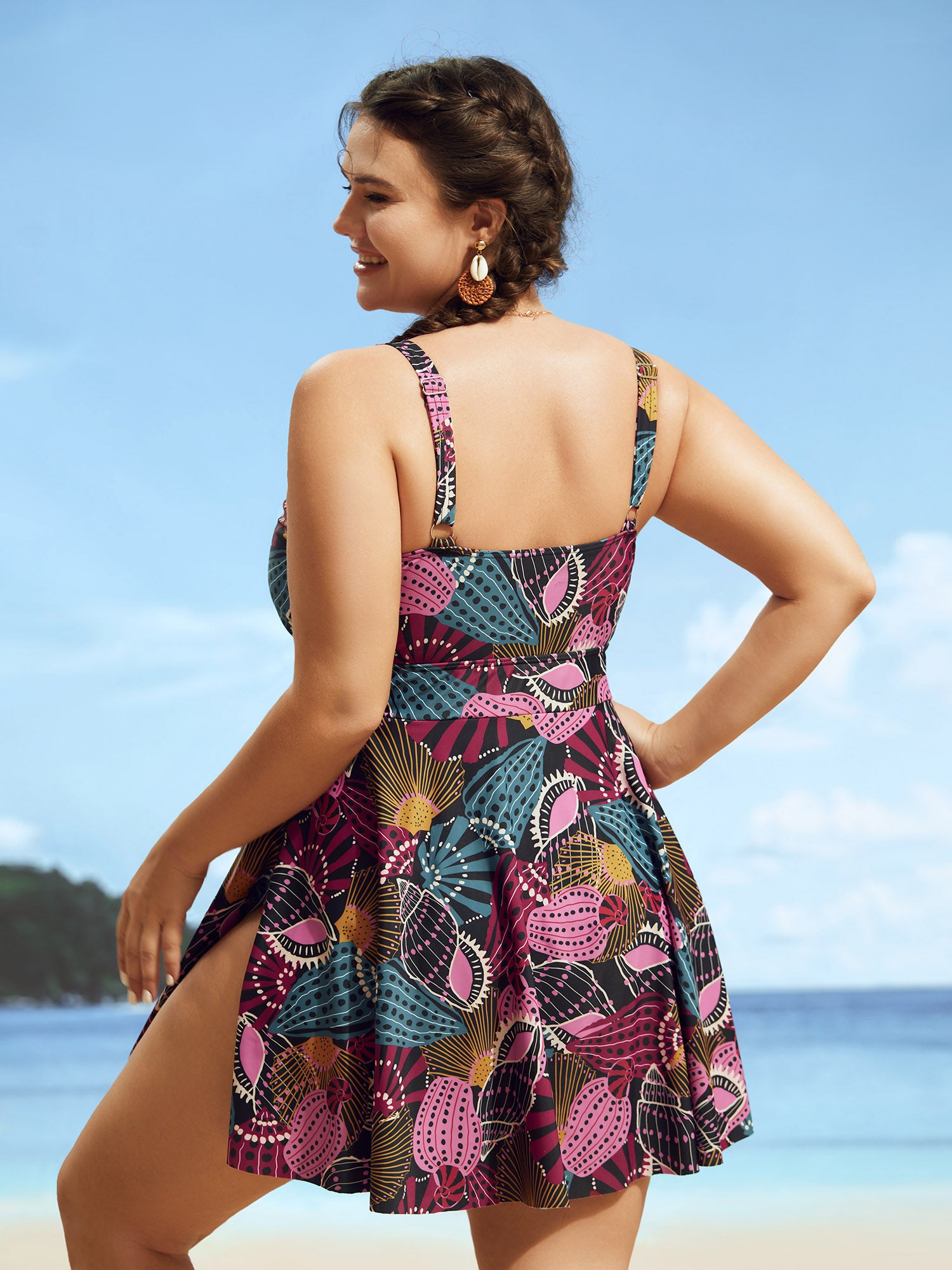 V Neck Marine Elements Print Swim Dress