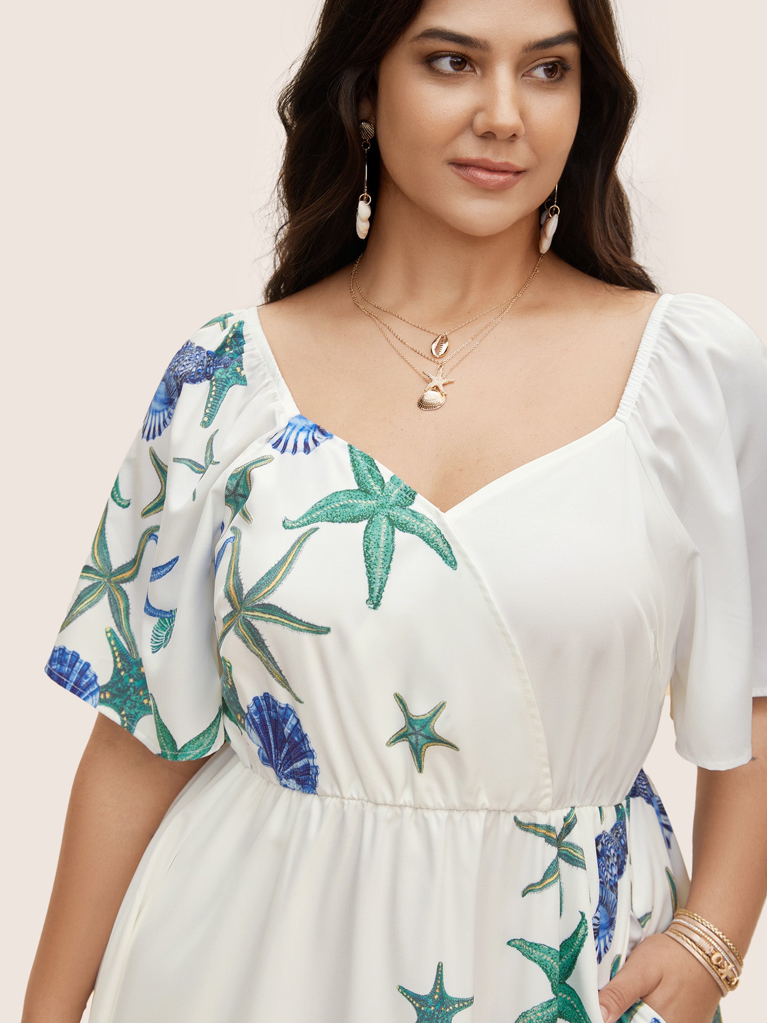 Heart Neckline Marine Elements Gathered Dress