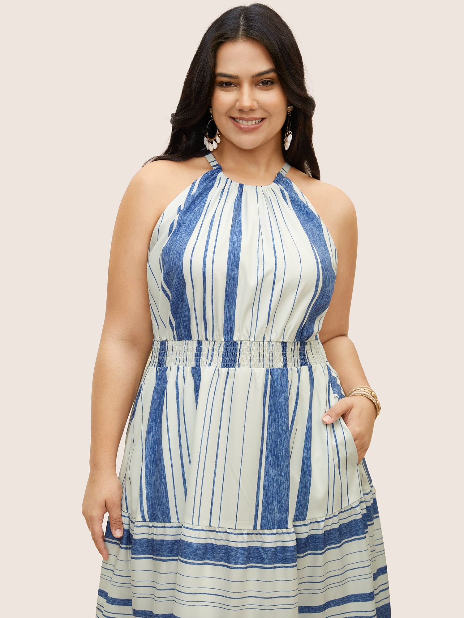 Halter Contrast Striped Shirred Maxi Dress
