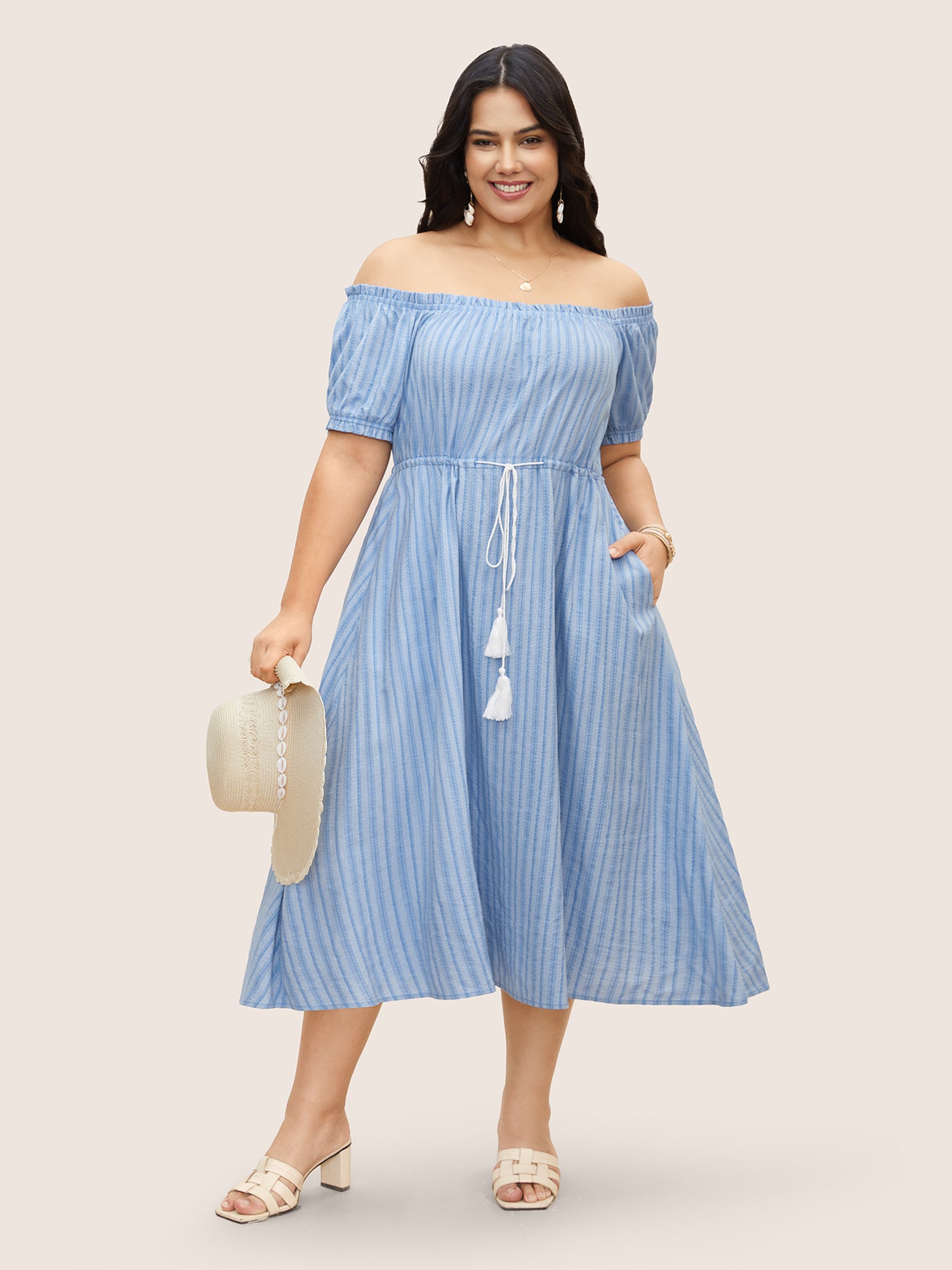 One Shoulder Striped Frill Trim Tassels Dress