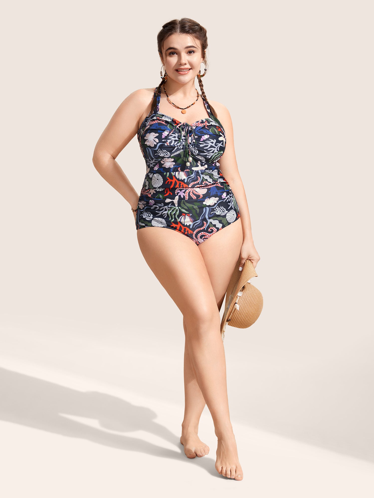 Marine Elements Drawstring Gathered One Piece Swimsuit