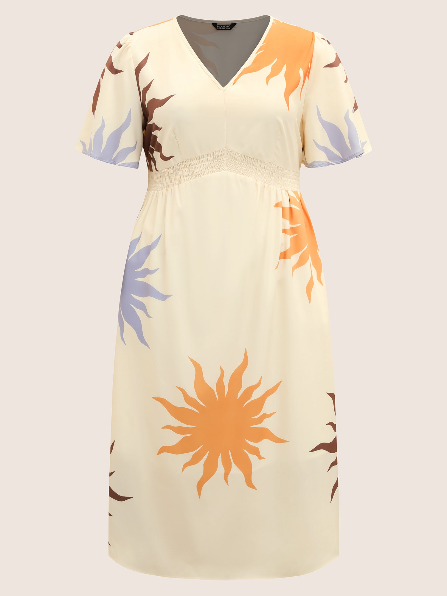 Sun Print Shirred Ruffle Sleeve Dress