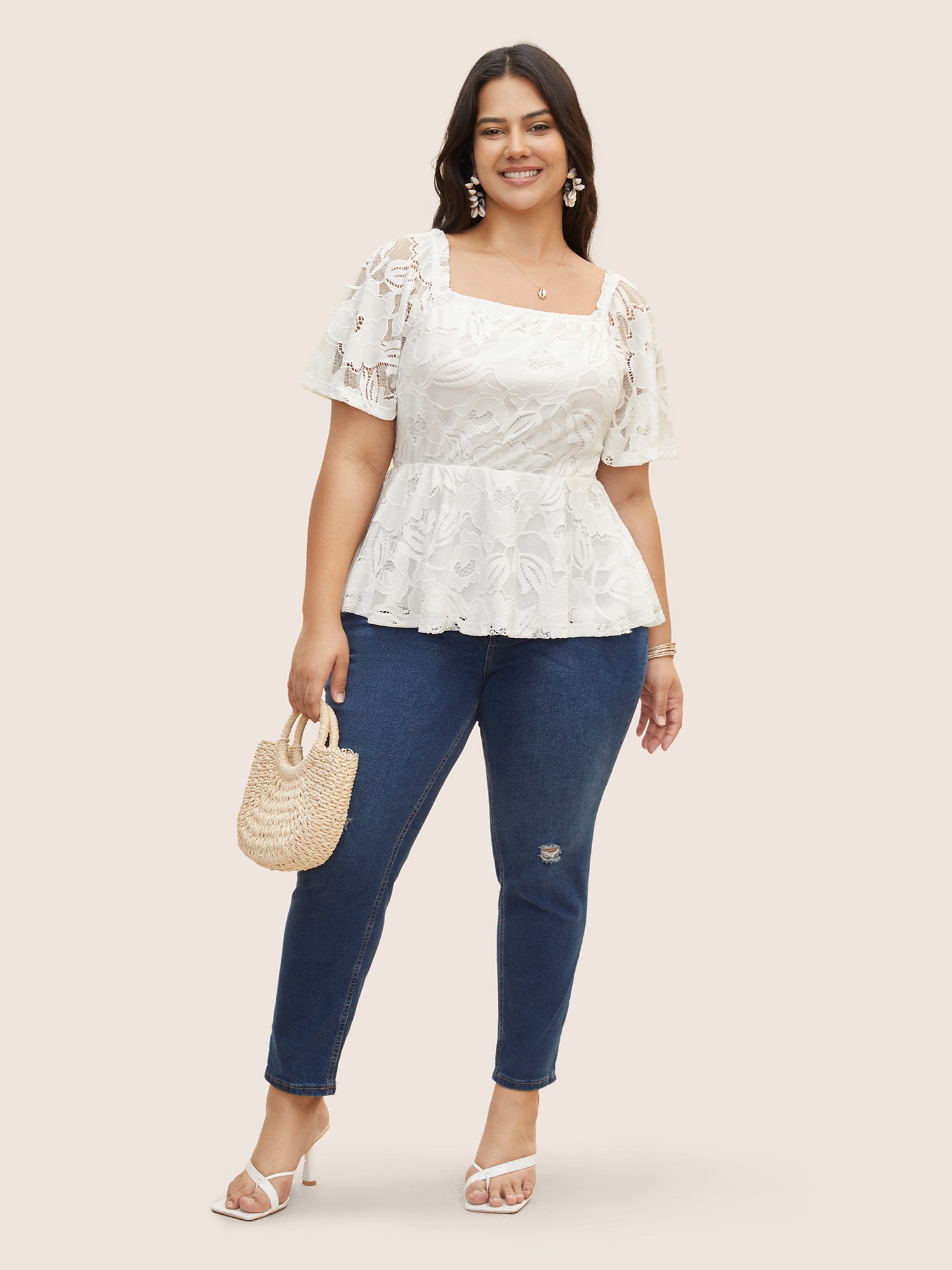 Square Neck Floral Lace Panel T-shirt