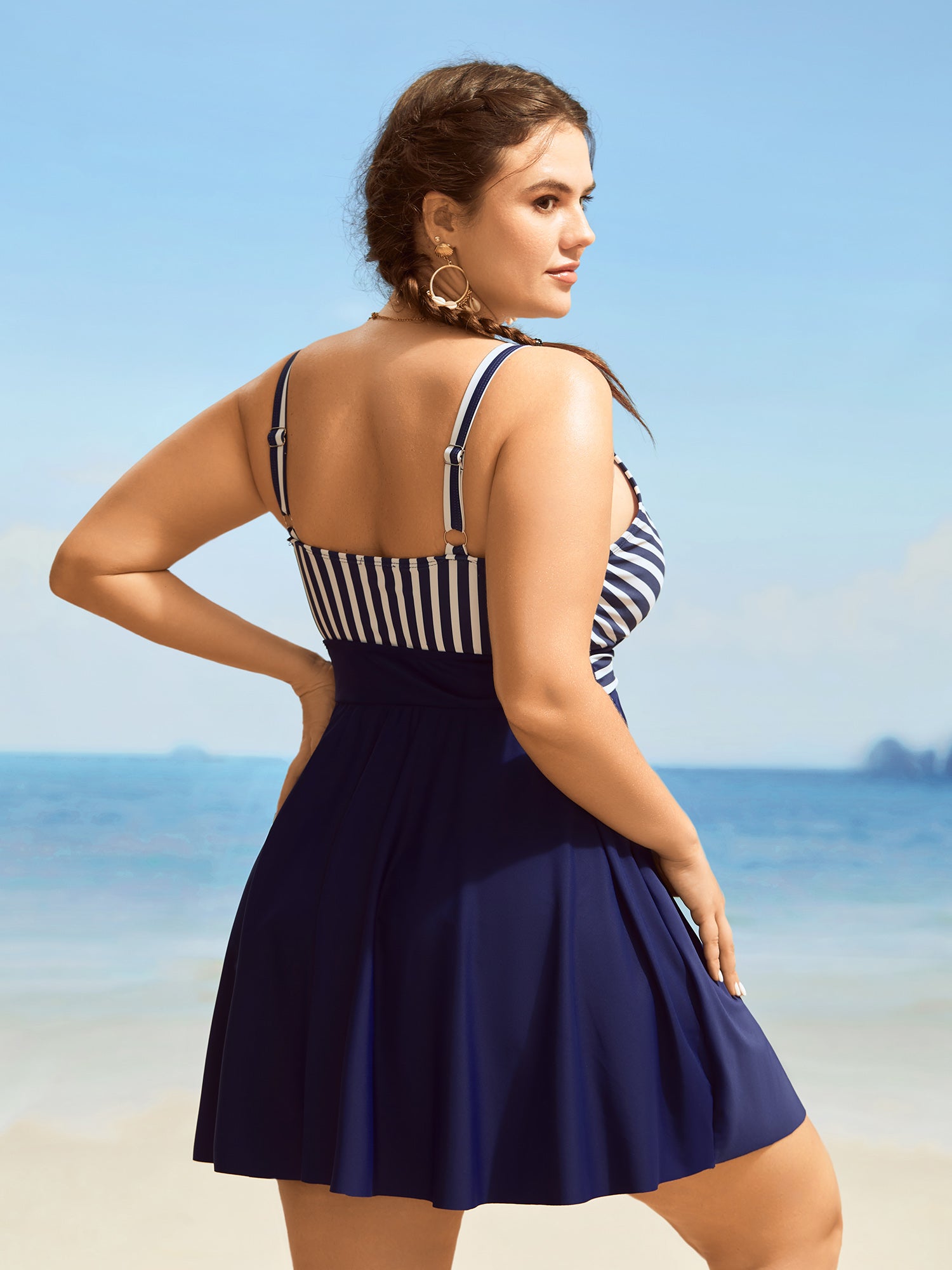 Striped Patchwork Wrap Tie Knot Swim Dress