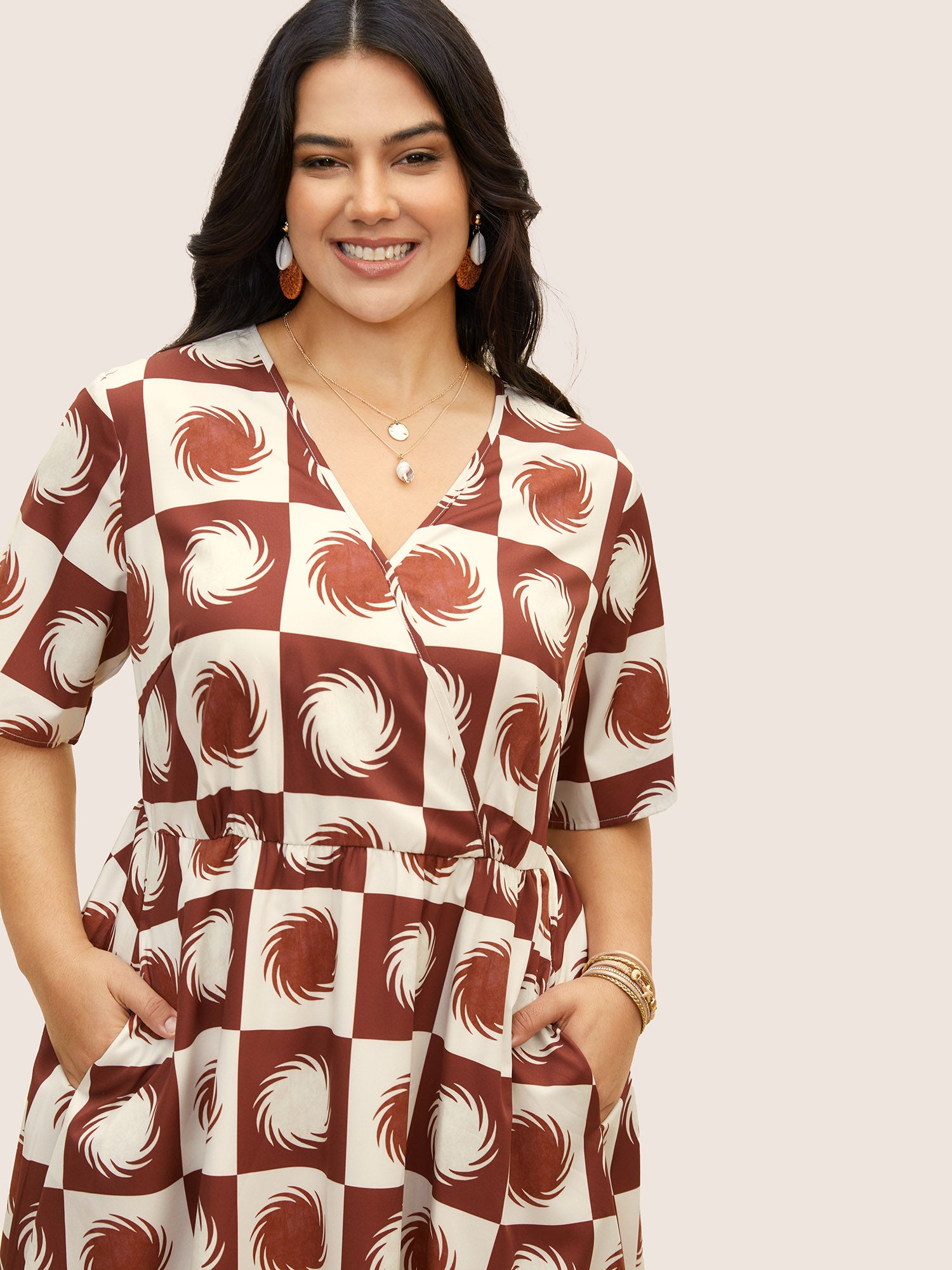 Sun Print Overlap Collar Elastic Waist Dress