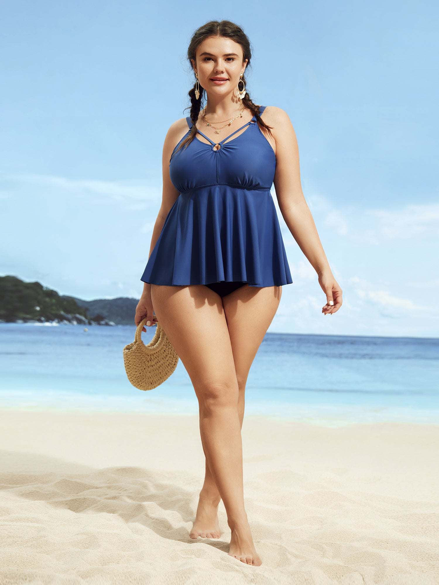 Solid Keyhole Gathered Crisscross Swim Top