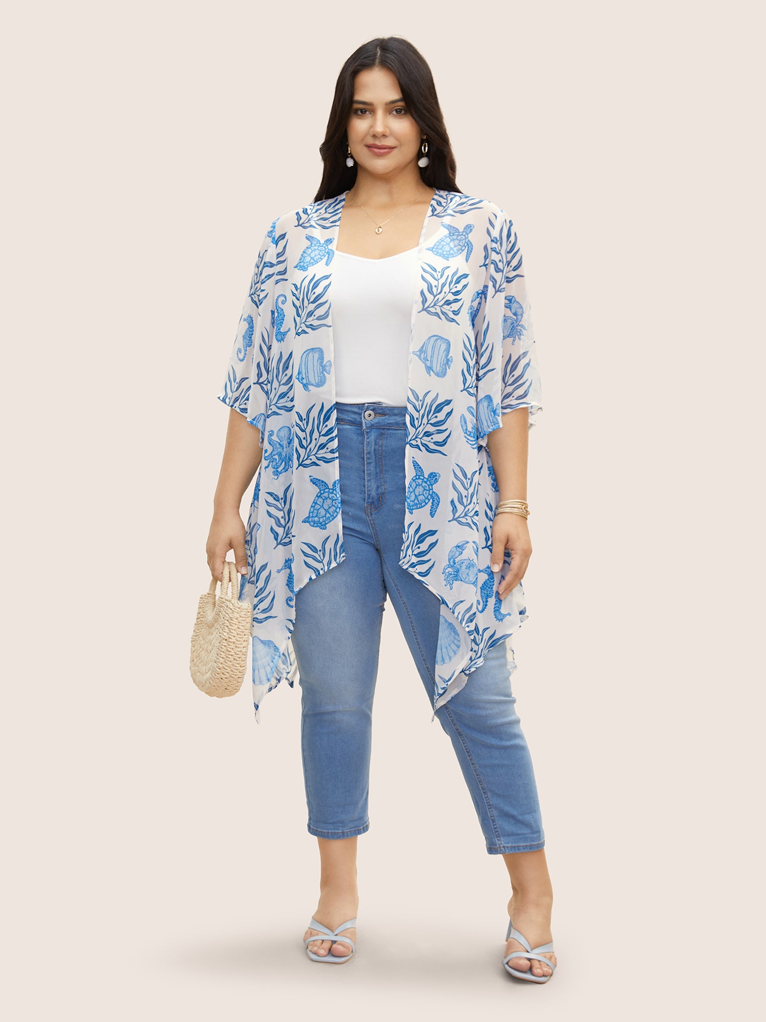 Marine Elements See Through Asymmetrical Hem Kimono