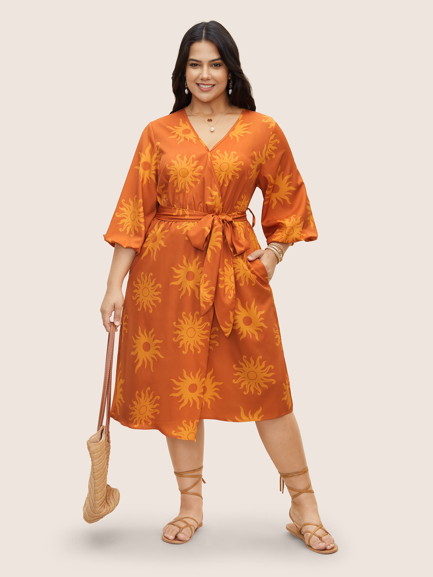 Overlap Collar Sun Print Belted Dress
