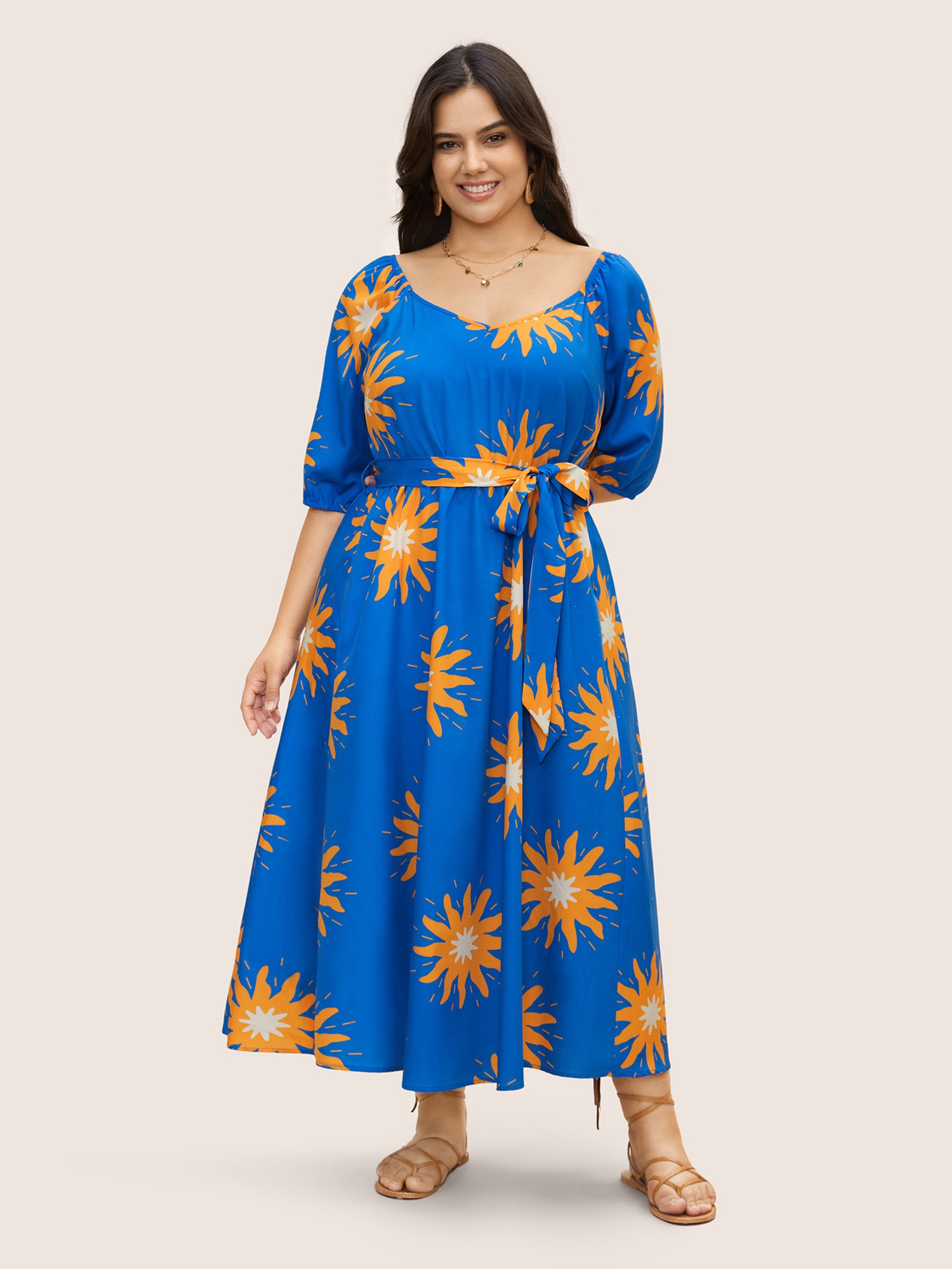 Sun Print Lantern Sleeve Maxi Dress