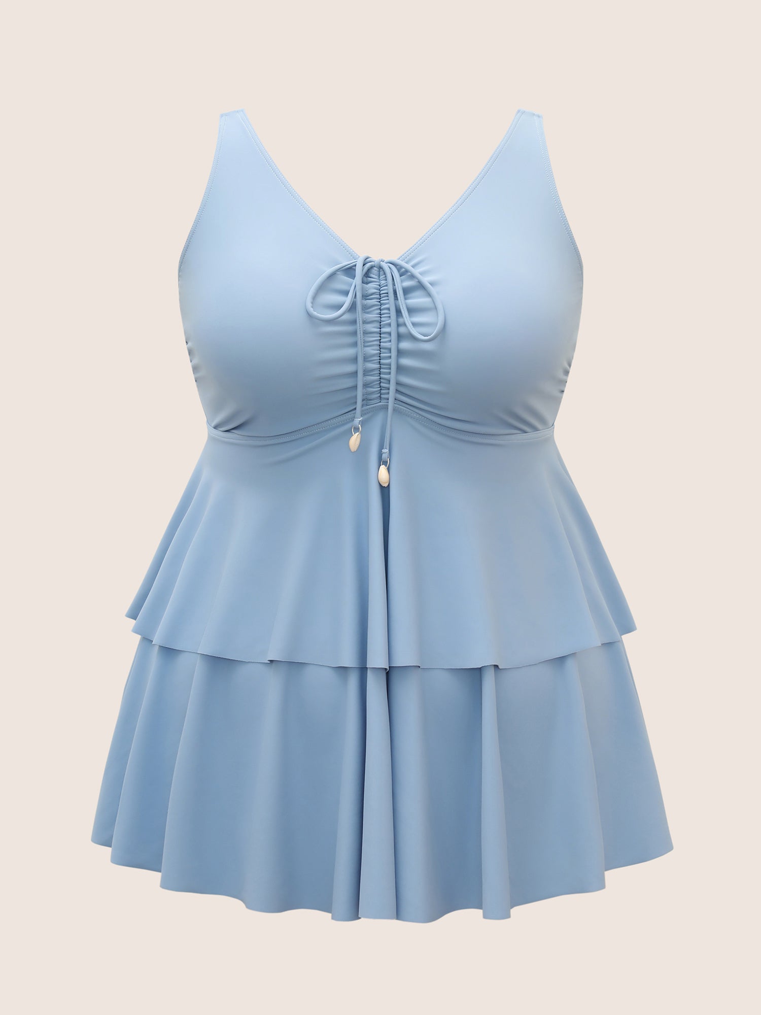 Plain Drawstring Tiered Ruffles Swim Top