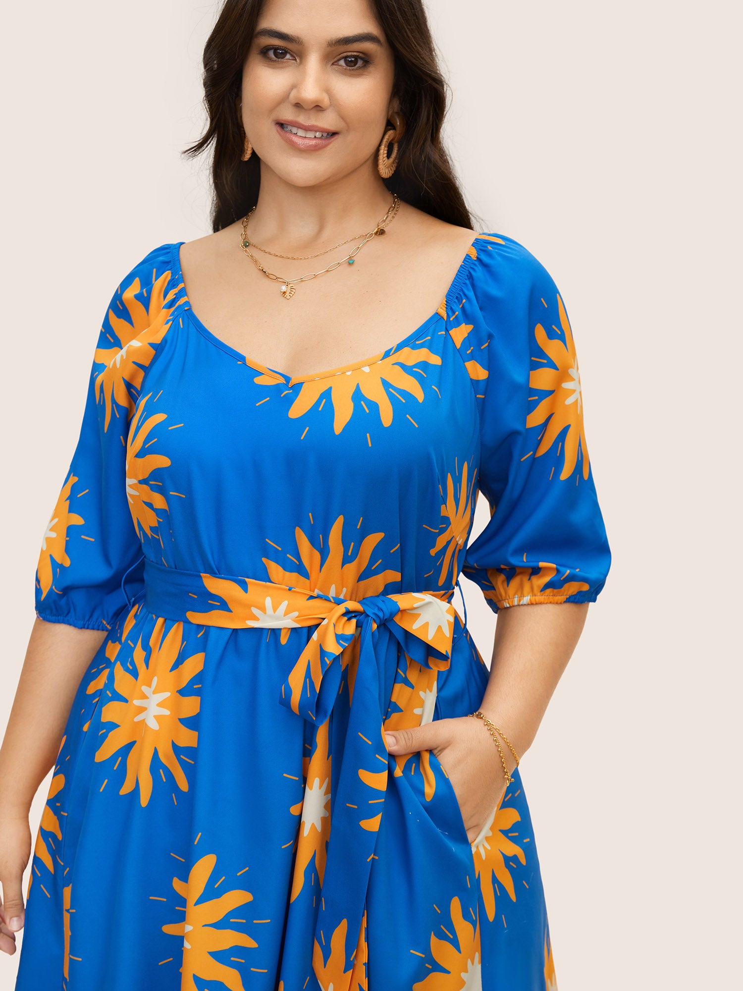 Sun Print Lantern Sleeve Maxi Dress