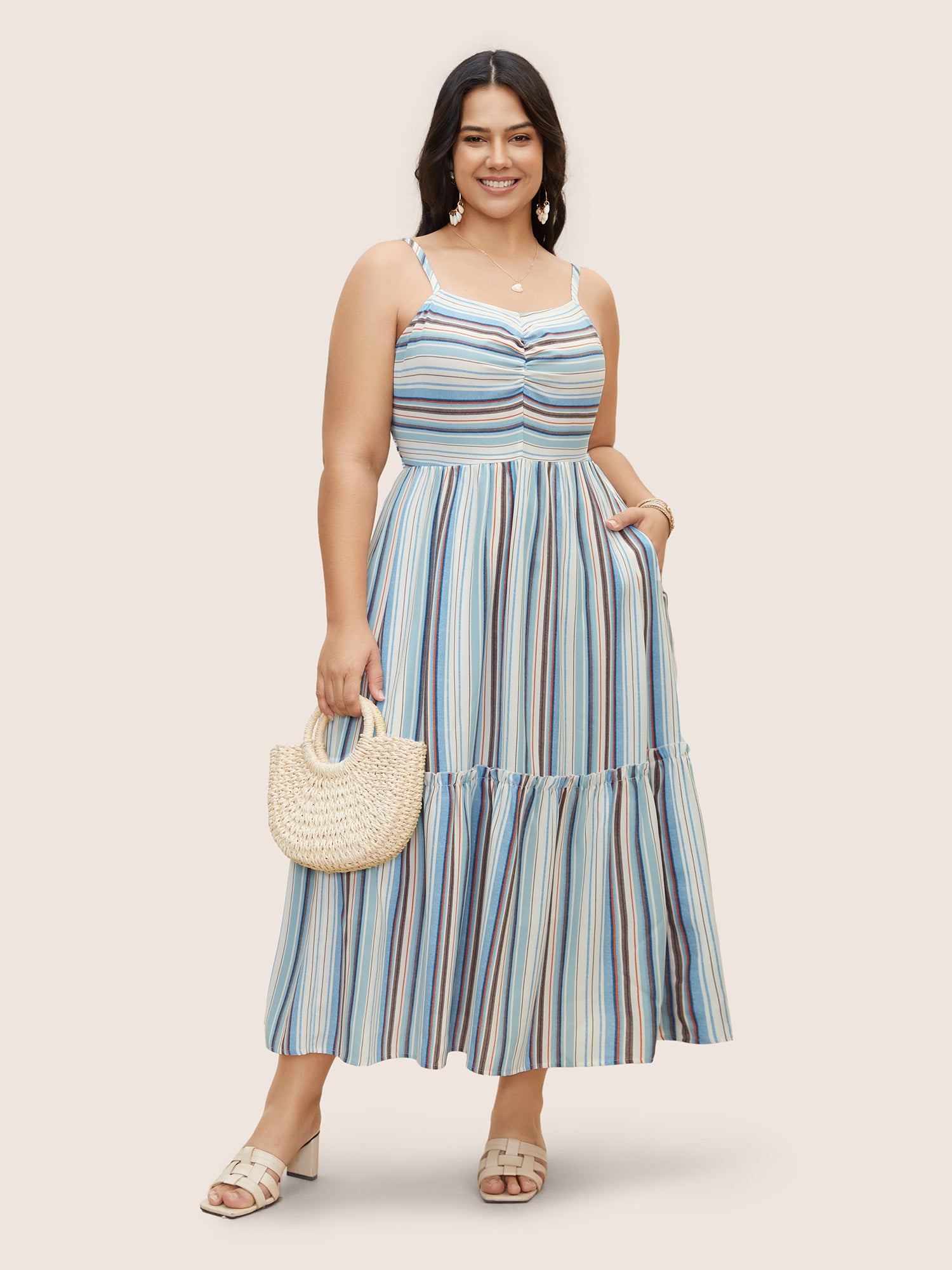Striped Frill Trim Gathered Maxi Dress