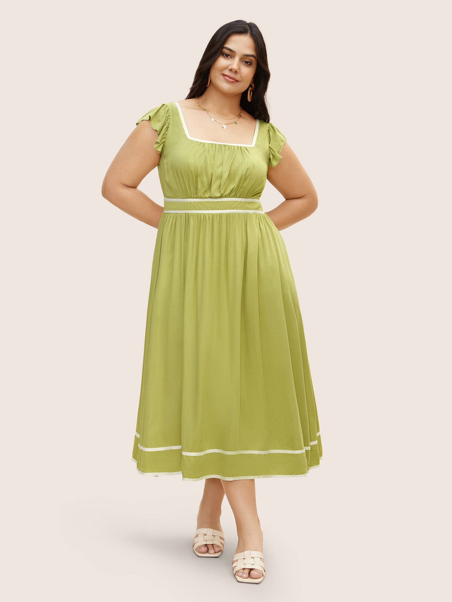 Contrast Webbing Ruffle Cap Sleeve Dress