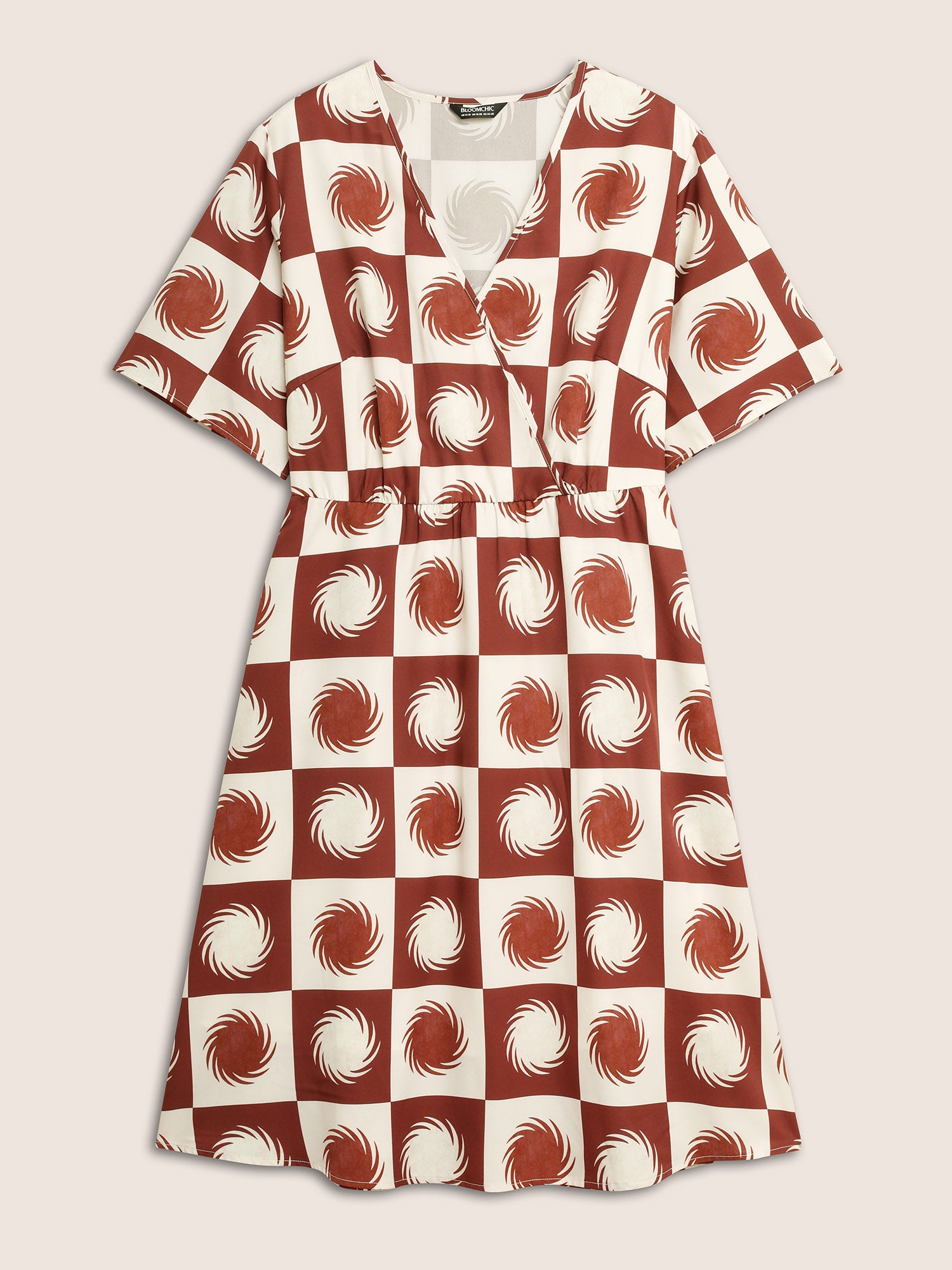 Sun Print Overlap Collar Elastic Waist Dress