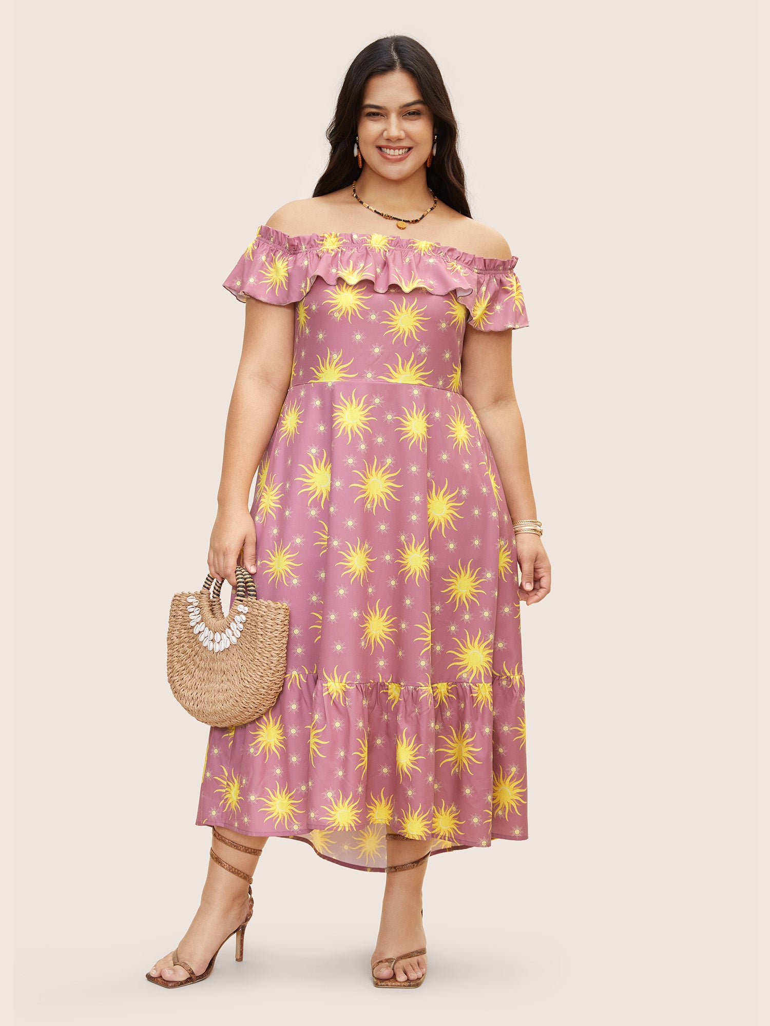 Sun Print Shirred Frill Trim Ruffles Dress