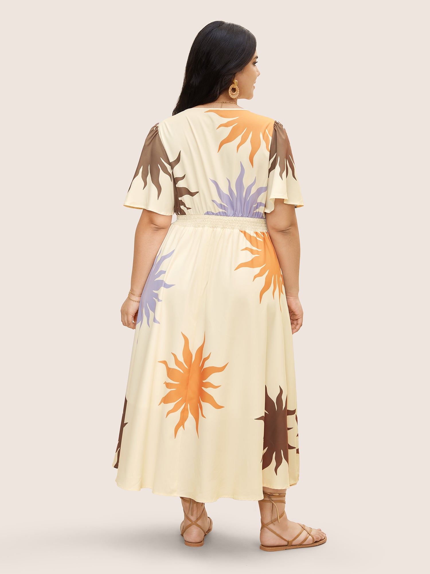 Sun Print Shirred Ruffle Sleeve Dress