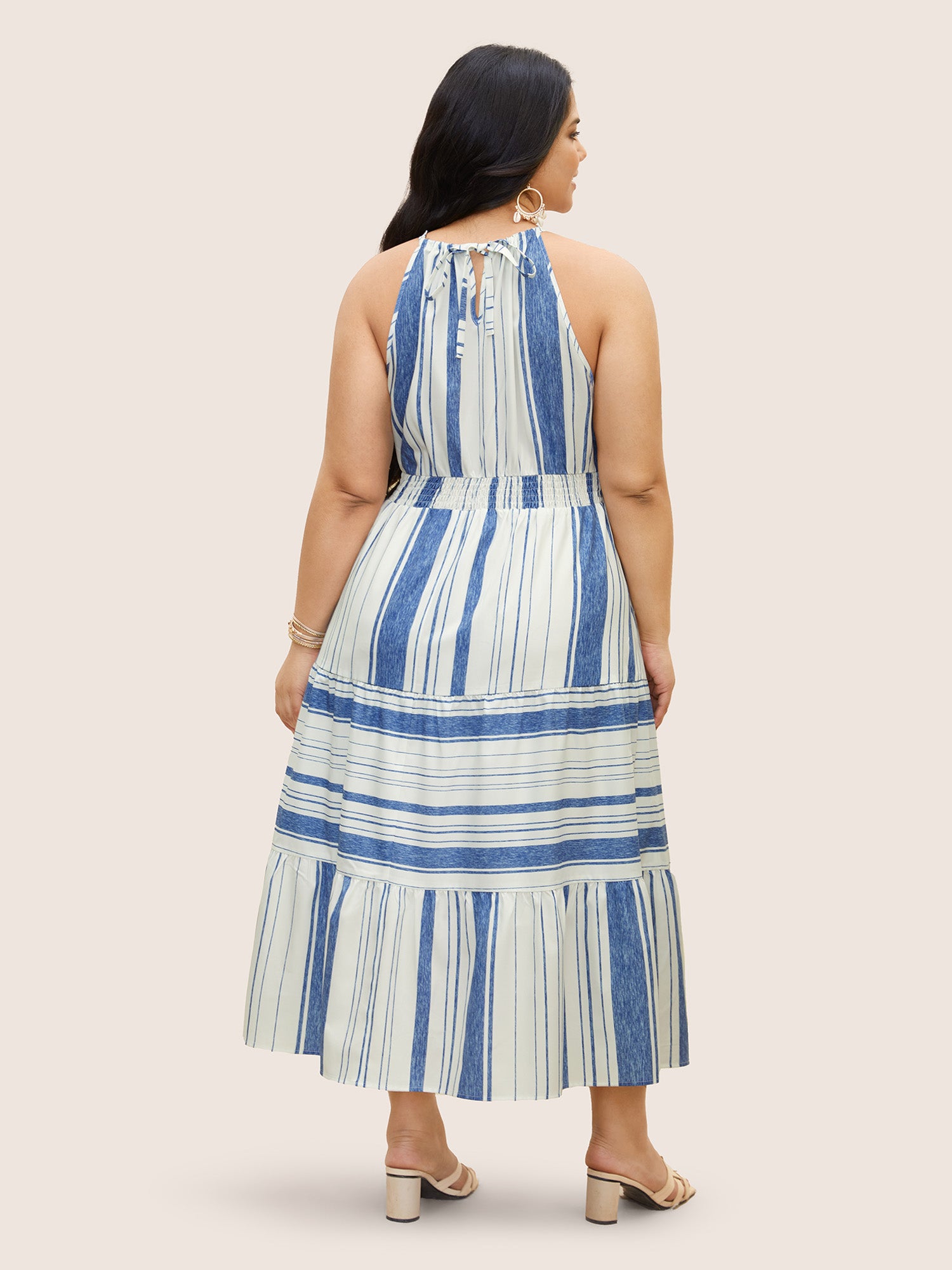 Halter Contrast Striped Shirred Maxi Dress