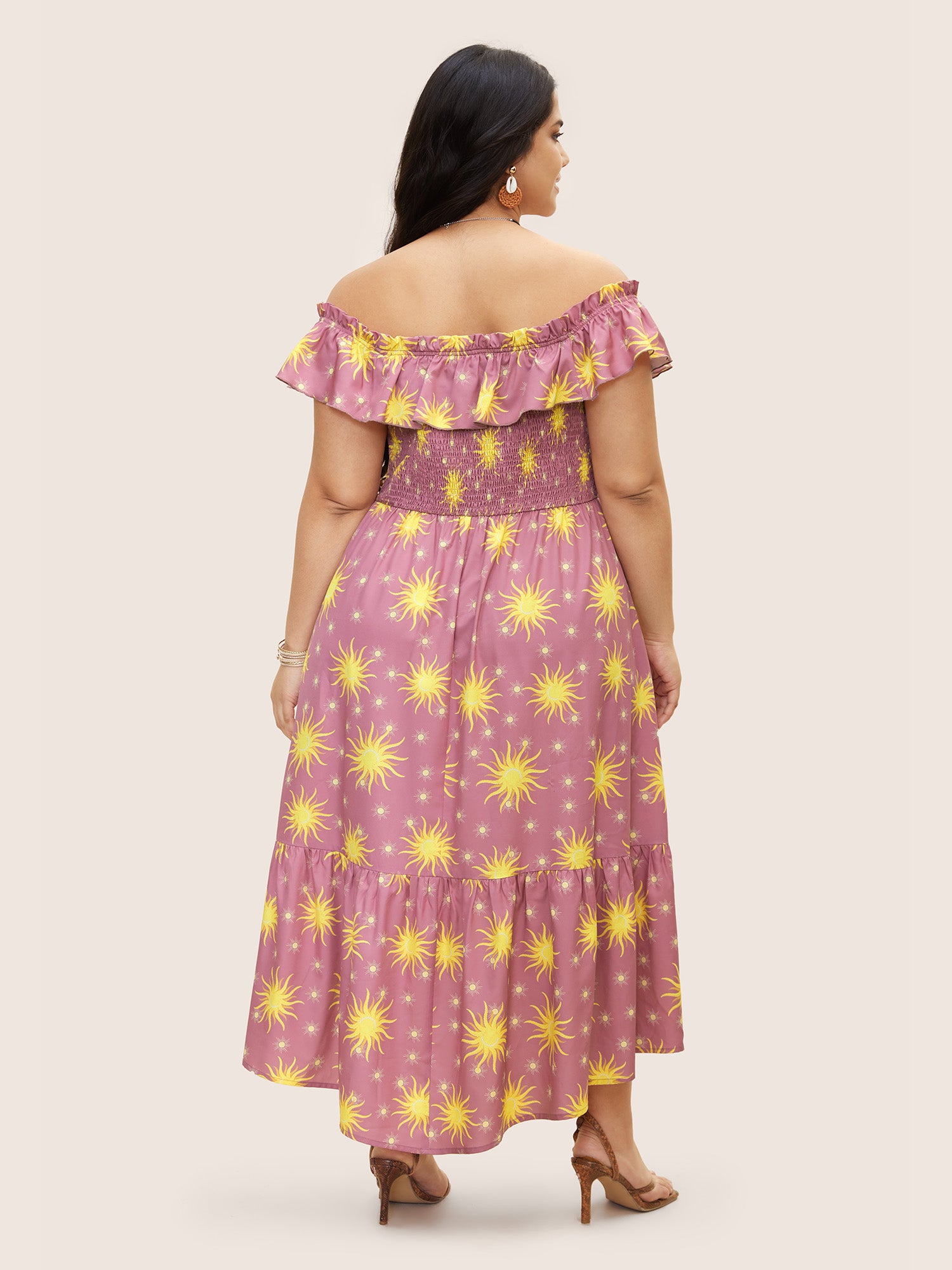 Sun Print Shirred Frill Trim Ruffles Dress