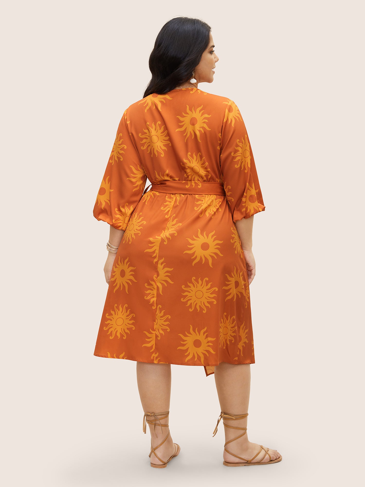 Overlap Collar Sun Print Belted Dress