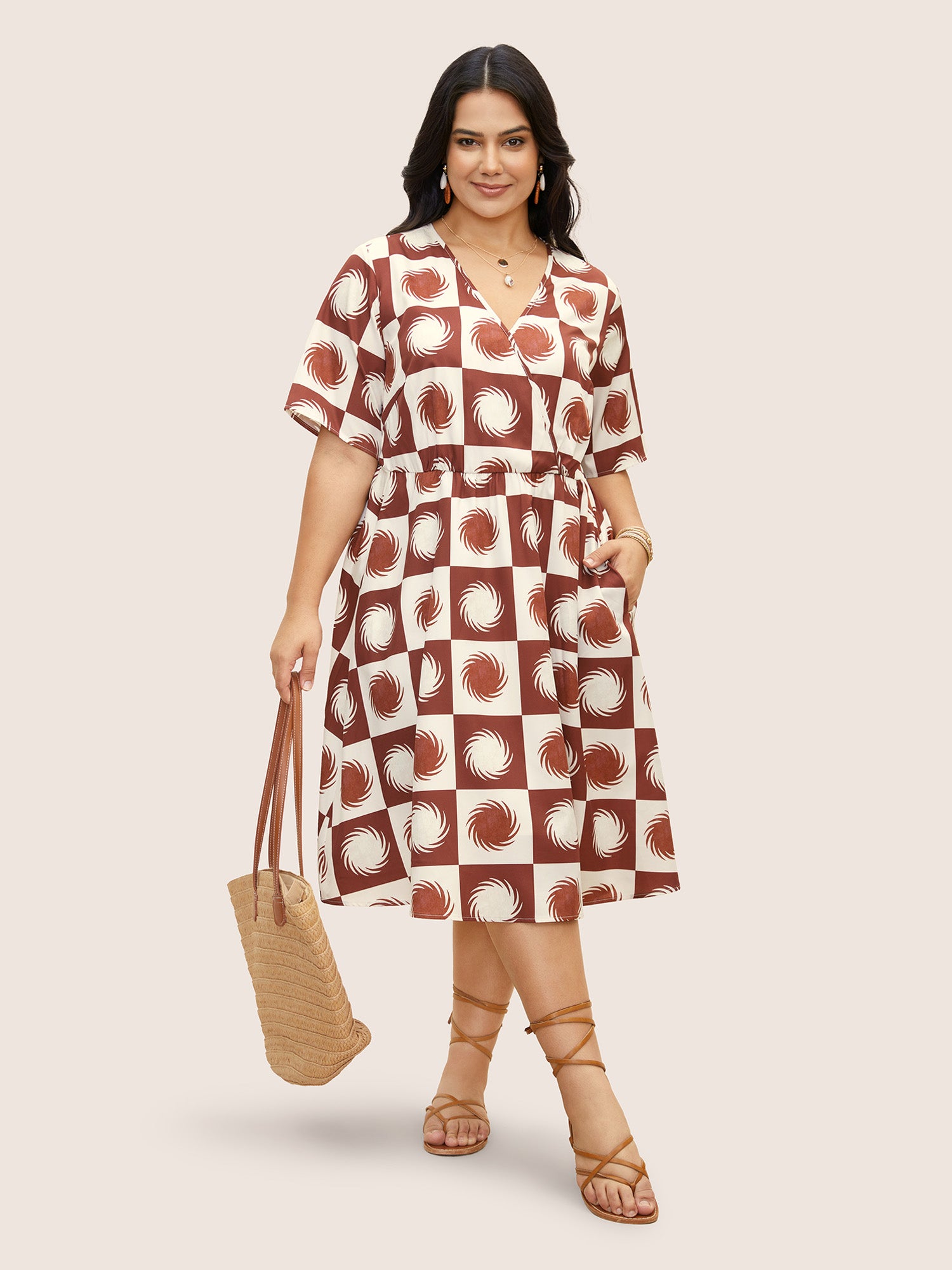 Sun Print Overlap Collar Elastic Waist Dress