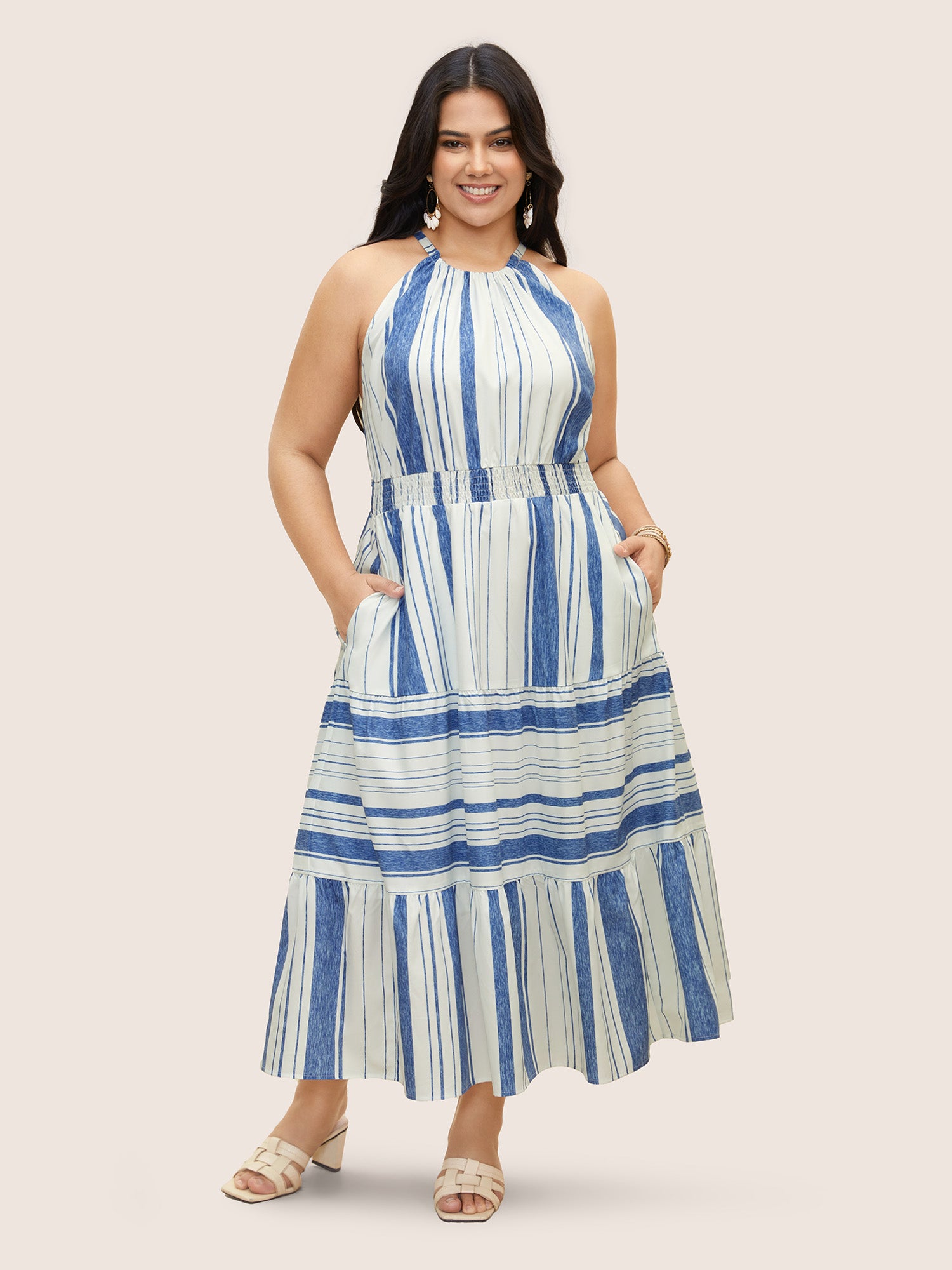 Halter Contrast Striped Shirred Maxi Dress