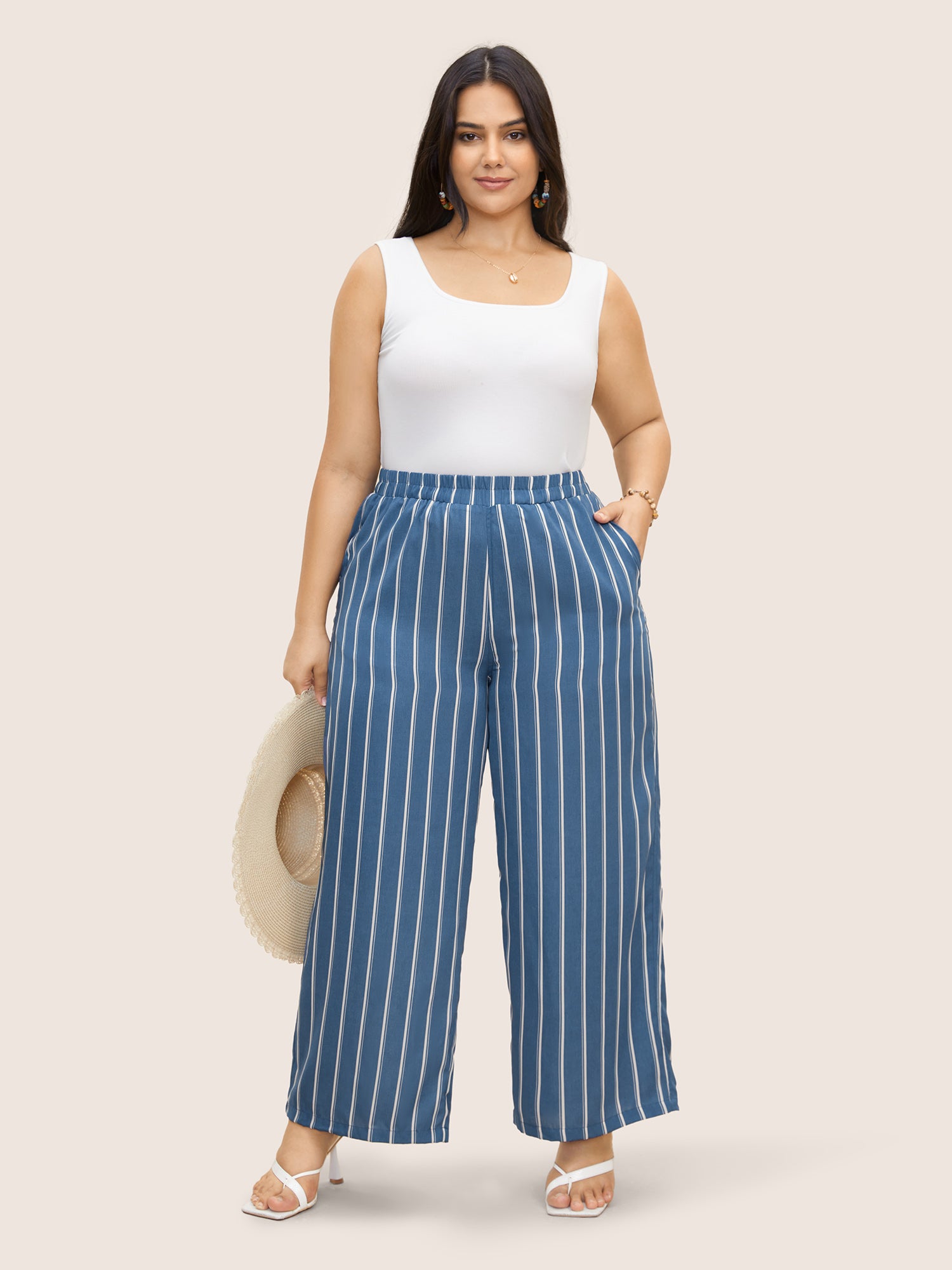Striped Elastic Waist Wide Leg Pants