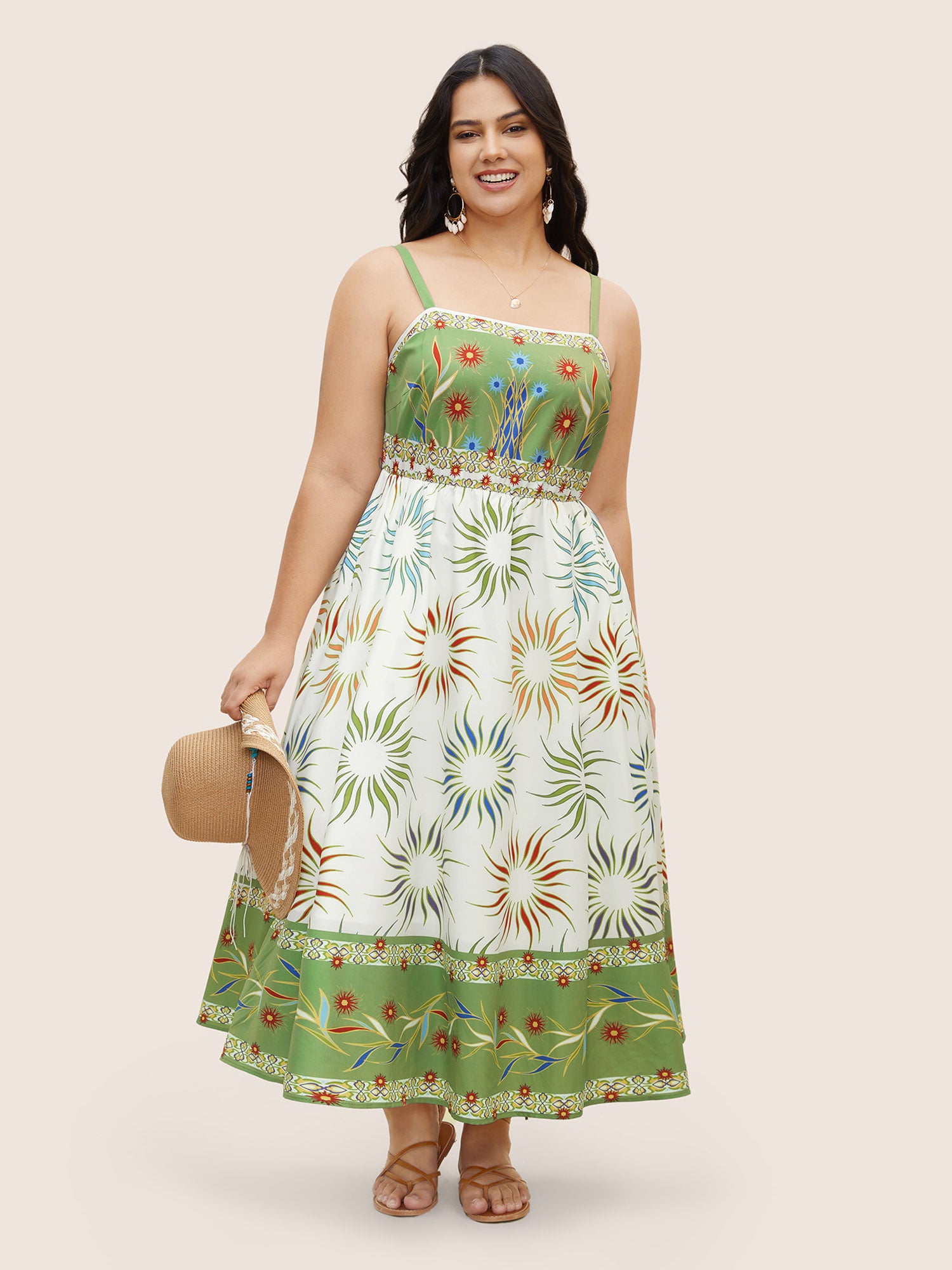 Sun Print Elastic Waist Maxi Cami Dress