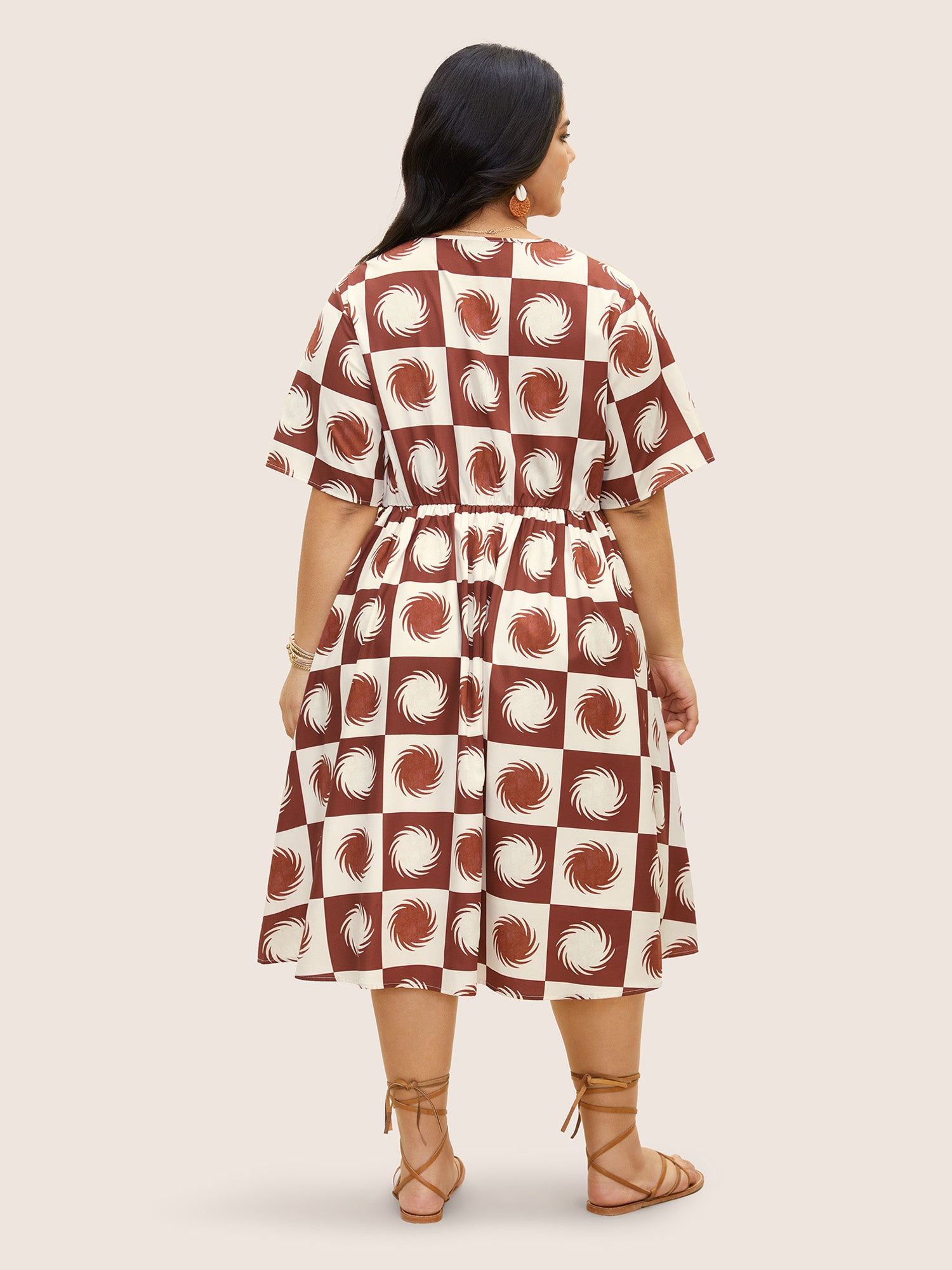 Sun Print Overlap Collar Elastic Waist Dress