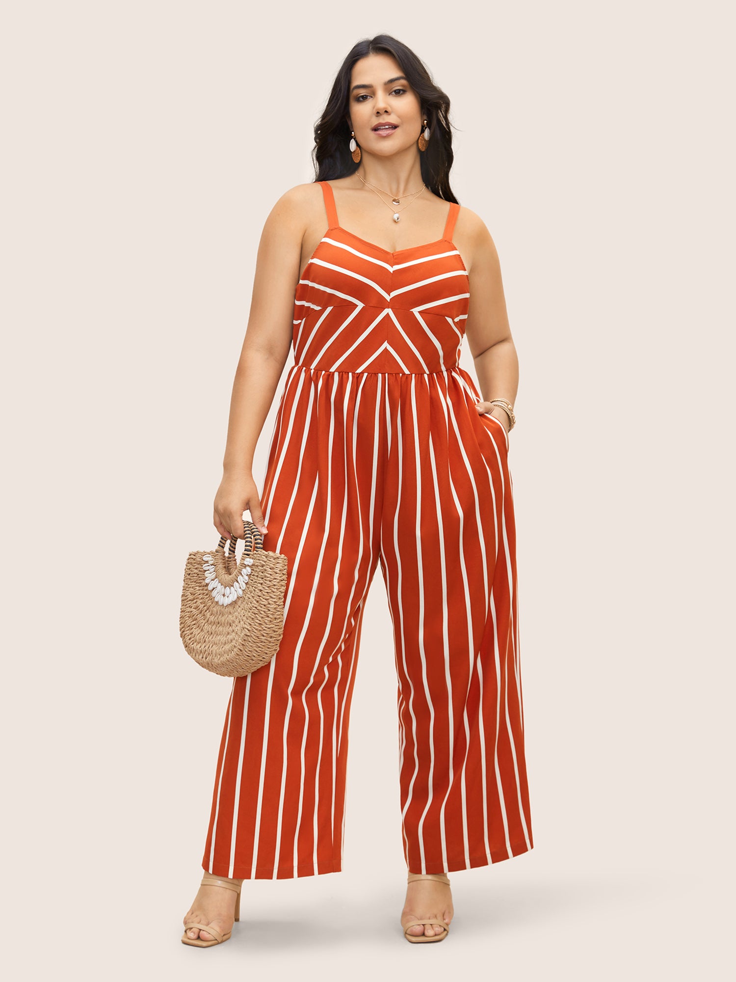 Contrast Striped V Neck Adjustable Straps Jumpsuit