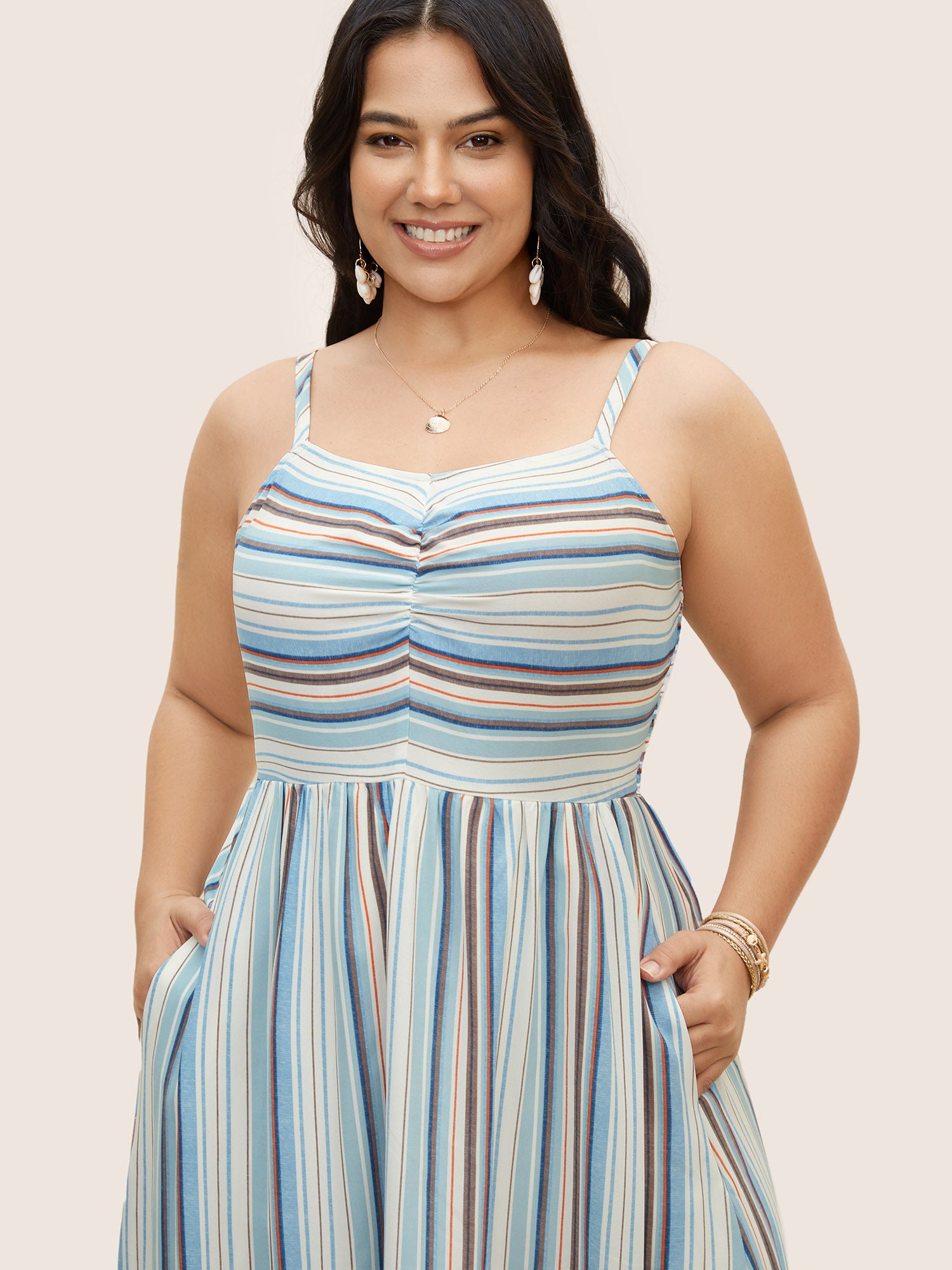 Striped Frill Trim Gathered Maxi Dress