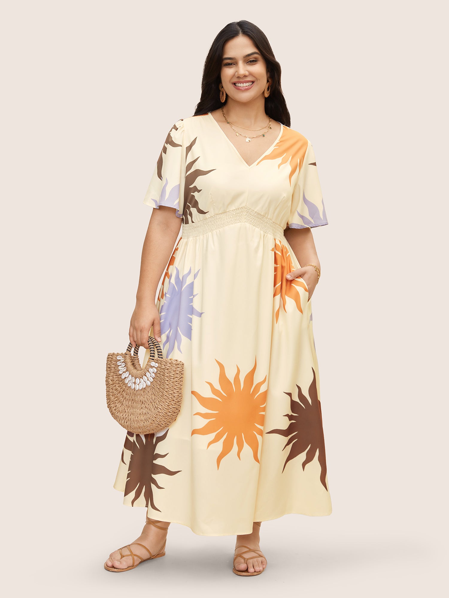 Sun Print Shirred Ruffle Sleeve Dress