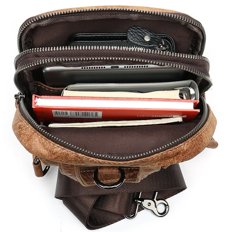 Men's Leather Chest Bag Retro Head Layer Cowhide Shoulder Large Capacity Fashion Crossbody Bag