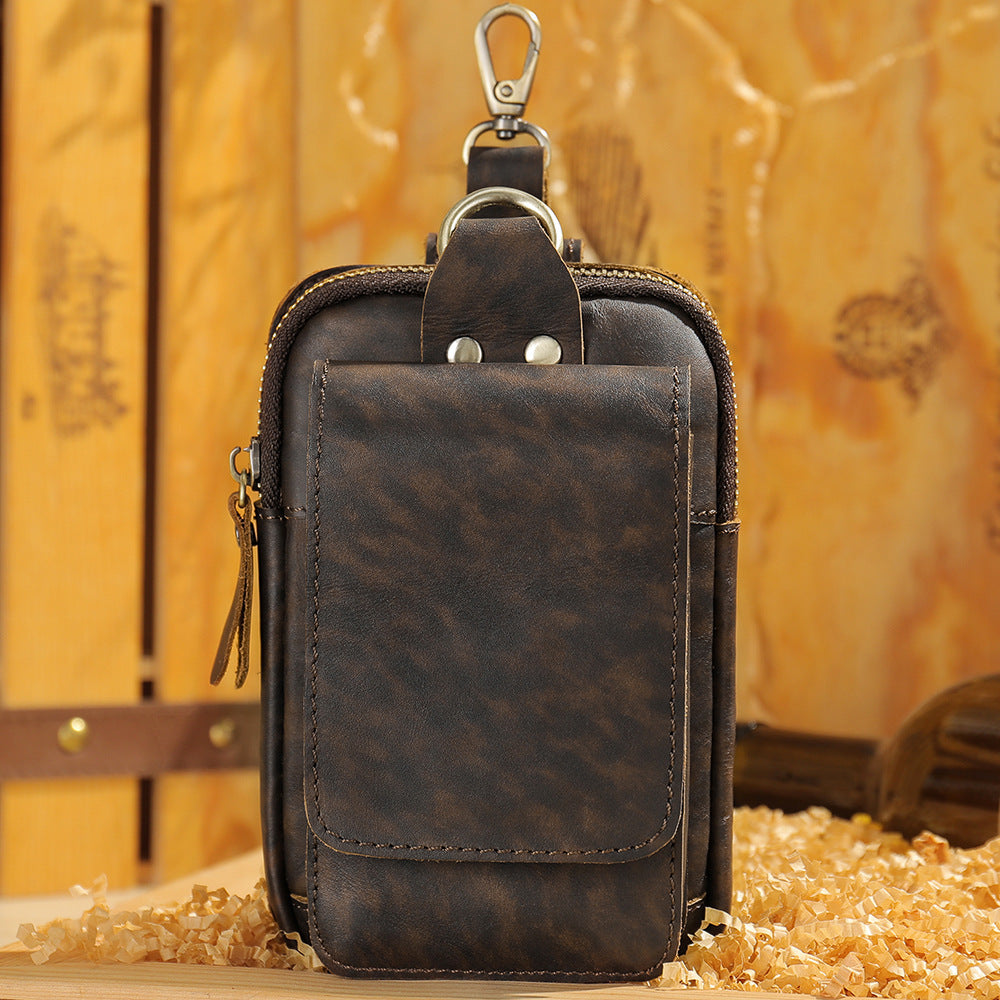 Men's Genuine Leather Cell Phone Waist Bag Wear Belt Cowhide Cell Phone Bag Multi-functional Hanging Bag