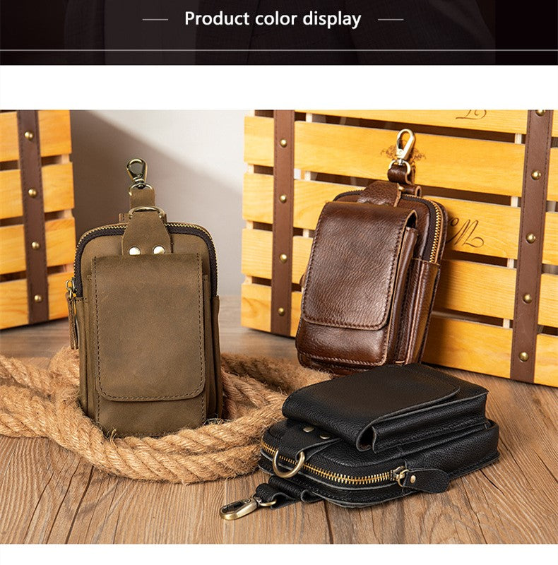 Men's Genuine Leather Cell Phone Waist Bag Wear Belt Cowhide Cell Phone Bag Multi-functional Hanging Bag
