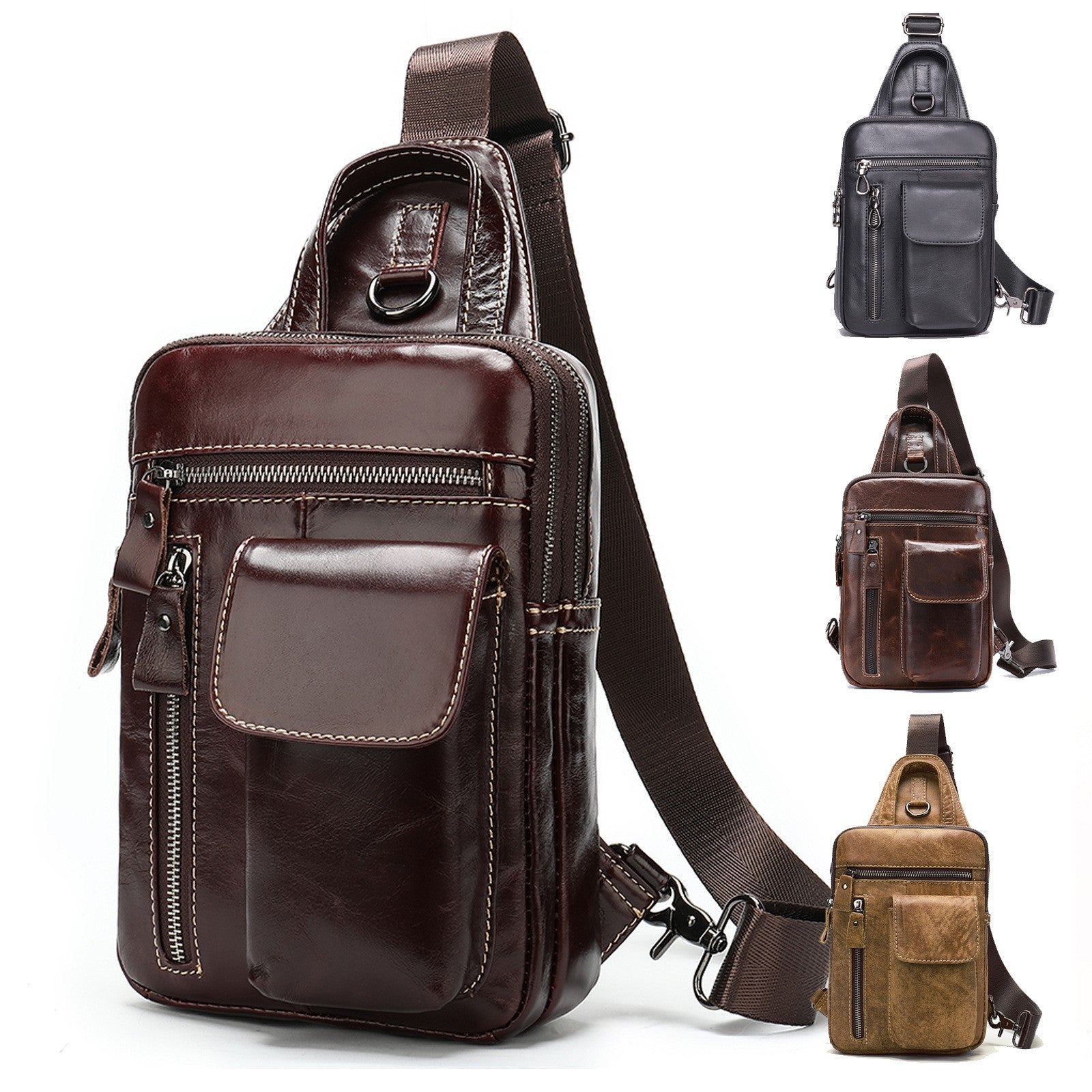 Men's Leather Chest Bag Retro Head Layer Cowhide Shoulder Large Capacity Fashion Crossbody Bag