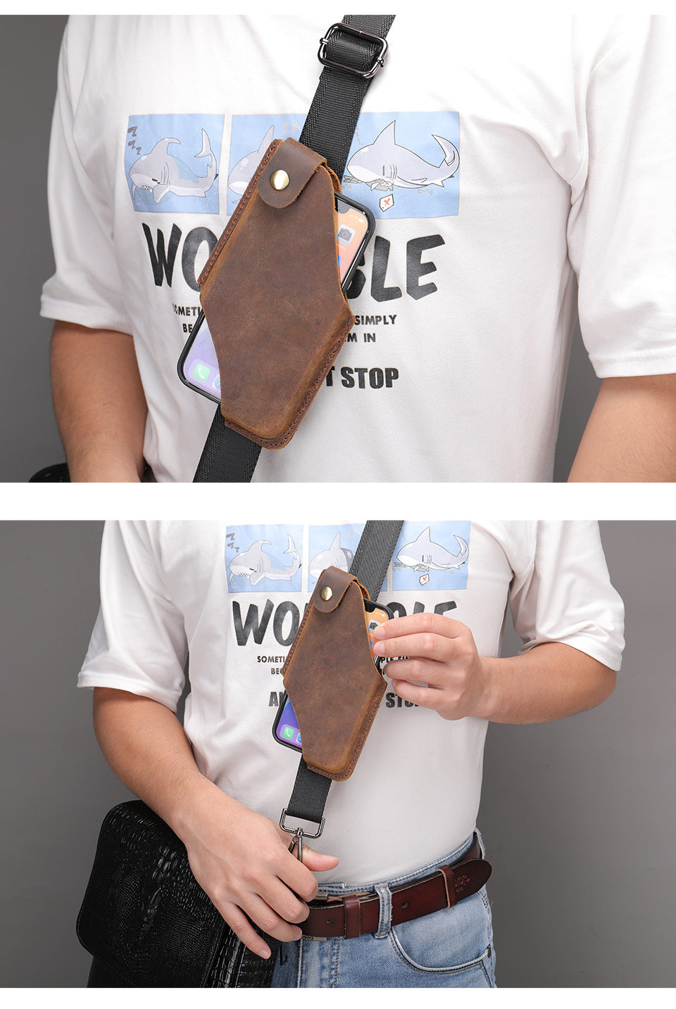 Crazy Horse Leather Simple Stereotypical Wear Belt Cell Phone Bag